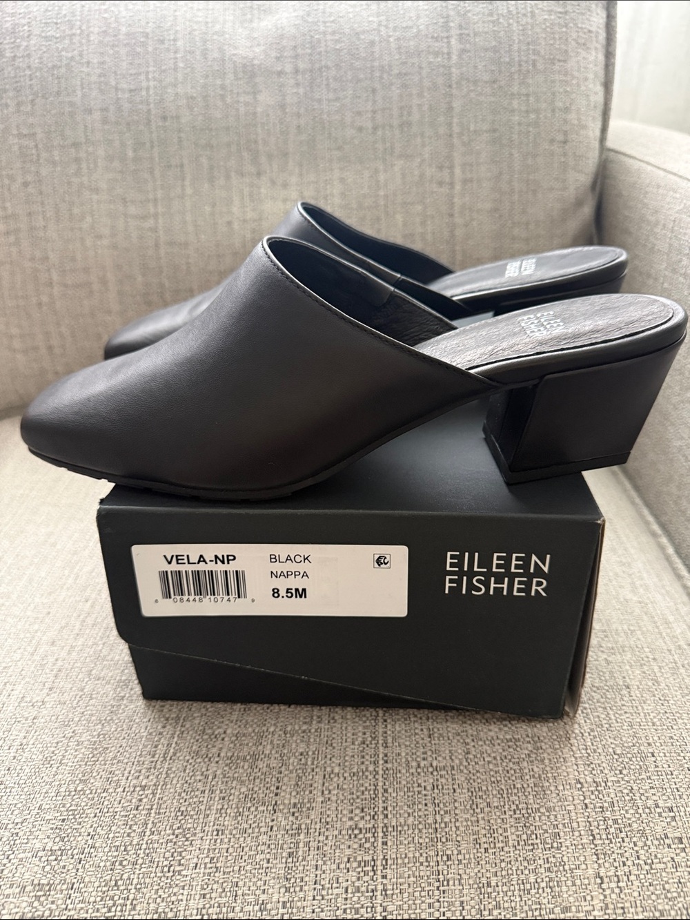 NEW Eileen Fisher “Vela” Black Nappa Leather Square-toe Mules - size 8.5